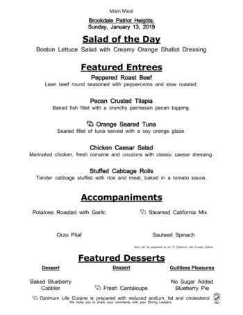 Dining menu of The Healthcare Center at Patriot Heights, Assisted Living, Nursing Home, Independent Living, CCRC, San Antonio, TX 8