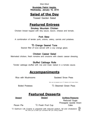 Dining menu of The Healthcare Center at Patriot Heights, Assisted Living, Nursing Home, Independent Living, CCRC, San Antonio, TX 11
