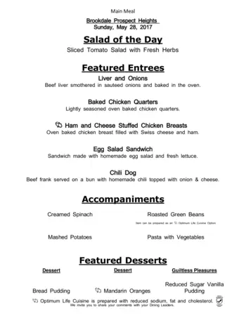 Dining menu of Brookdale Prospect Heights, Assisted Living, Nursing Home, Independent Living, CCRC, Prospect Heights, IL 1