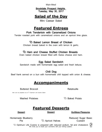Dining menu of Brookdale Prospect Heights, Assisted Living, Nursing Home, Independent Living, CCRC, Prospect Heights, IL 3