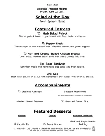 Dining menu of Brookdale Prospect Heights, Assisted Living, Nursing Home, Independent Living, CCRC, Prospect Heights, IL 6