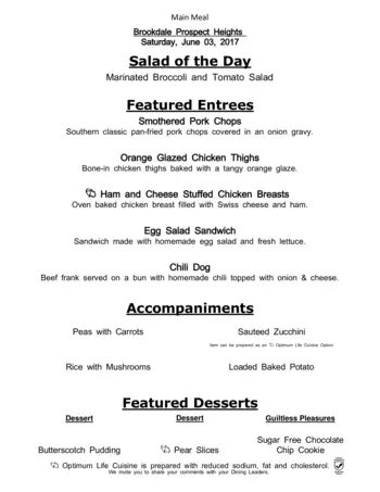 Dining menu of Brookdale Prospect Heights, Assisted Living, Nursing Home, Independent Living, CCRC, Prospect Heights, IL 7