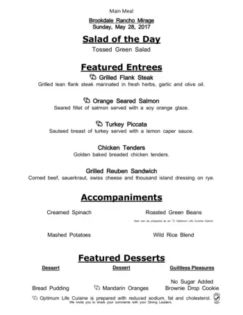 Dining menu of Brookdale Rancho Mirage, Assisted Living, Nursing Home, Independent Living, CCRC, Rancho Mirage, CA 1
