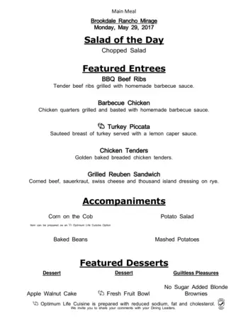 Dining menu of Brookdale Rancho Mirage, Assisted Living, Nursing Home, Independent Living, CCRC, Rancho Mirage, CA 2