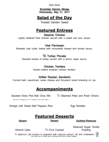 Dining menu of Brookdale Rancho Mirage, Assisted Living, Nursing Home, Independent Living, CCRC, Rancho Mirage, CA 4