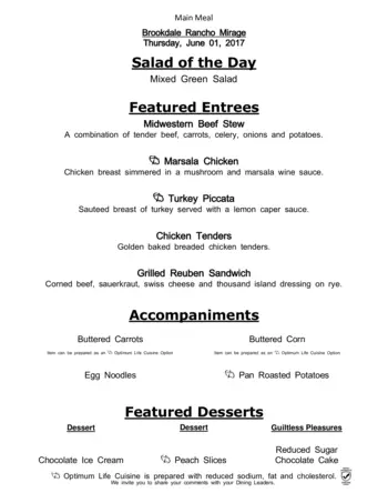 Dining menu of Brookdale Rancho Mirage, Assisted Living, Nursing Home, Independent Living, CCRC, Rancho Mirage, CA 5