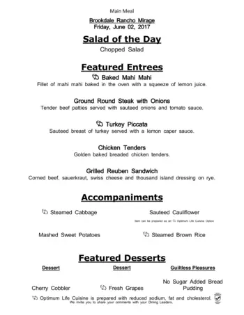 Dining menu of Brookdale Rancho Mirage, Assisted Living, Nursing Home, Independent Living, CCRC, Rancho Mirage, CA 6