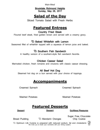 Dining menu of Richmond Heights Place, Assisted Living, Nursing Home, Independent Living, CCRC, Richmond Heights, OH 1