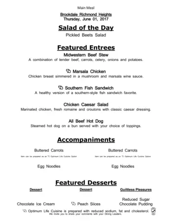 Dining menu of Richmond Heights Place, Assisted Living, Nursing Home, Independent Living, CCRC, Richmond Heights, OH 5