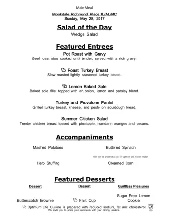 Dining menu of Richmond Place, Assisted Living, Nursing Home, Independent Living, CCRC, Lexington, KY 1