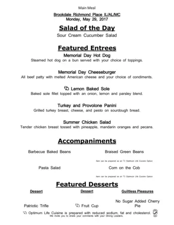 Dining menu of Richmond Place, Assisted Living, Nursing Home, Independent Living, CCRC, Lexington, KY 2
