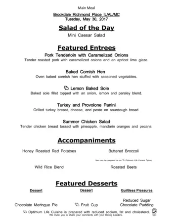 Dining menu of Richmond Place, Assisted Living, Nursing Home, Independent Living, CCRC, Lexington, KY 3