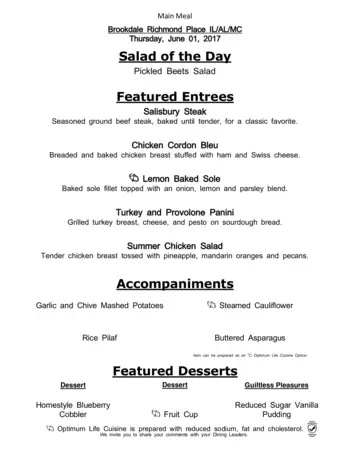 Dining menu of Richmond Place, Assisted Living, Nursing Home, Independent Living, CCRC, Lexington, KY 5