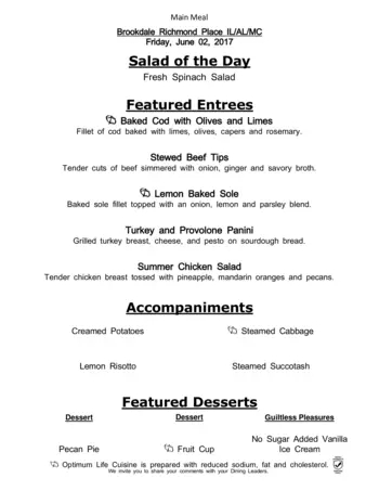 Dining menu of Richmond Place, Assisted Living, Nursing Home, Independent Living, CCRC, Lexington, KY 6