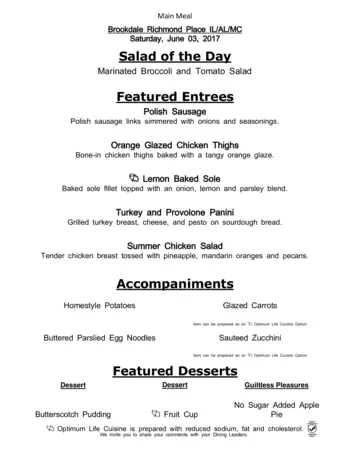 Dining menu of Richmond Place, Assisted Living, Nursing Home, Independent Living, CCRC, Lexington, KY 7