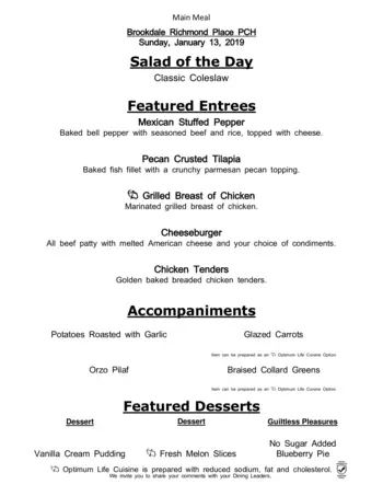 Dining menu of Richmond Place, Assisted Living, Nursing Home, Independent Living, CCRC, Lexington, KY 8