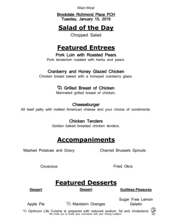 Dining menu of Richmond Place, Assisted Living, Nursing Home, Independent Living, CCRC, Lexington, KY 10