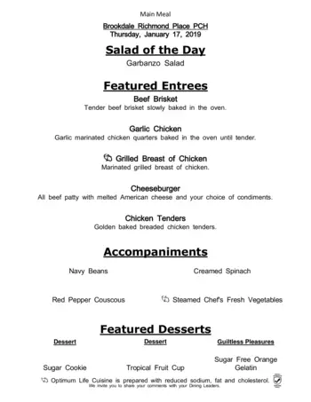 Dining menu of Richmond Place, Assisted Living, Nursing Home, Independent Living, CCRC, Lexington, KY 12
