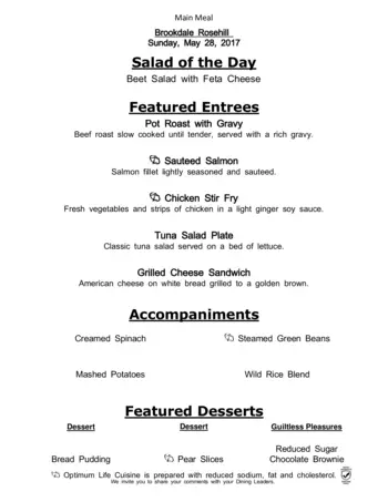 Dining menu of Brookdale Rosehill, Assisted Living, Nursing Home, Independent Living, CCRC, Shawnee, KS 1