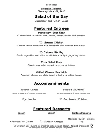 Dining menu of Brookdale Rosehill, Assisted Living, Nursing Home, Independent Living, CCRC, Shawnee, KS 5