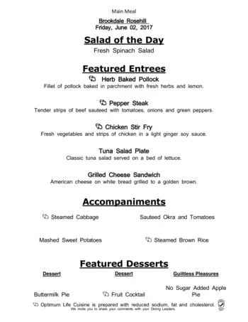 Dining menu of Brookdale Rosehill, Assisted Living, Nursing Home, Independent Living, CCRC, Shawnee, KS 6