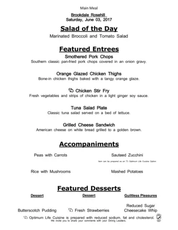 Dining menu of Brookdale Rosehill, Assisted Living, Nursing Home, Independent Living, CCRC, Shawnee, KS 7