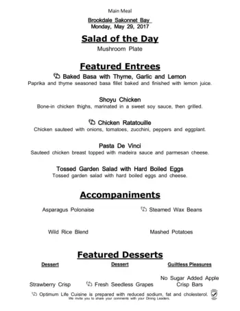 Dining menu of Brookdale Sakonnet Bay, Assisted Living, Nursing Home, Independent Living, CCRC, Tiverton, RI 2