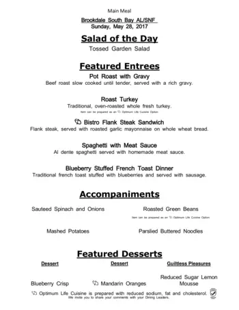Dining menu of Brookdale South Bay, Assisted Living, Nursing Home, Independent Living, CCRC, South Kingstown, RI 1