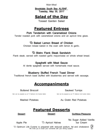 Dining menu of Brookdale South Bay, Assisted Living, Nursing Home, Independent Living, CCRC, South Kingstown, RI 3