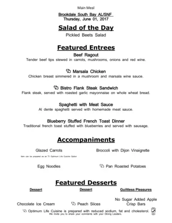 Dining menu of Brookdale South Bay, Assisted Living, Nursing Home, Independent Living, CCRC, South Kingstown, RI 5