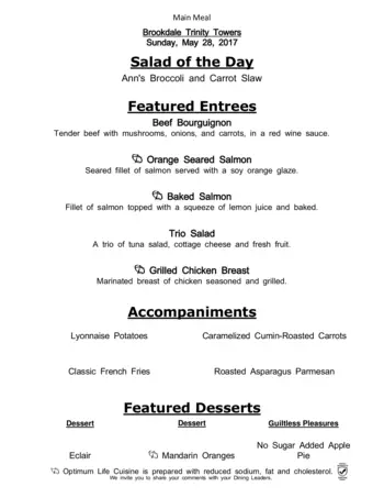Dining menu of Brookdale Trinity Towers, Assisted Living, Nursing Home, Independent Living, CCRC, Corpus Christi, TX 1