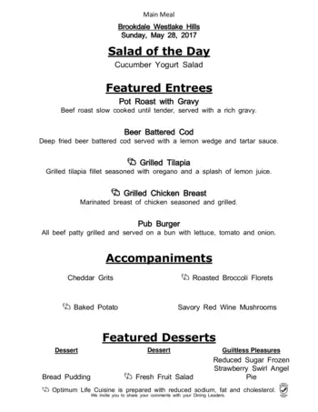 Dining menu of Brookdale Westlake Hills, Assisted Living, Nursing Home, Independent Living, CCRC, Austin, TX 1