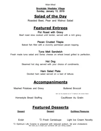 Dining menu of Brookdale Westlake Village, Assisted Living, Nursing Home, Independent Living, CCRC, Westlake, OH 1