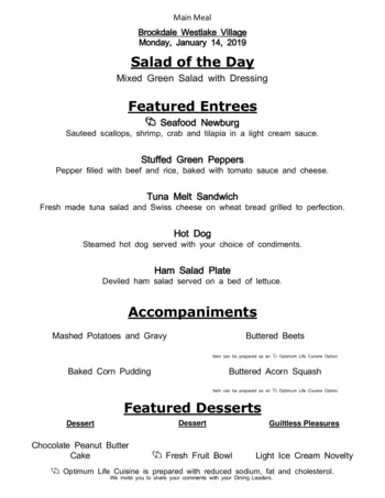 Dining menu of Brookdale Westlake Village, Assisted Living, Nursing Home, Independent Living, CCRC, Westlake, OH 2