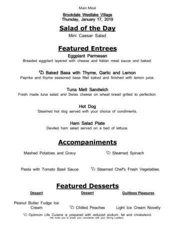 Dining menu of Brookdale Westlake Village, Assisted Living, Nursing Home, Independent Living, CCRC, Westlake, OH 5
