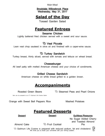 Dining menu of Brookdale Willowbrook Place, Assisted Living, Nursing Home, Independent Living, CCRC, Houston, TX 4