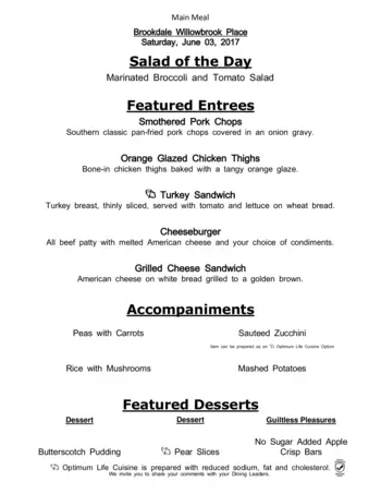 Dining menu of Brookdale Willowbrook Place, Assisted Living, Nursing Home, Independent Living, CCRC, Houston, TX 7