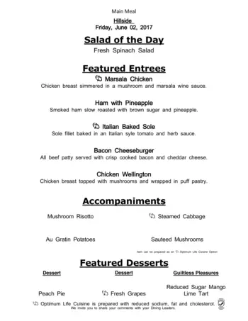 Dining menu of Hillside, Assisted Living, Nursing Home, Independent Living, CCRC, Mcminnville, OR 6