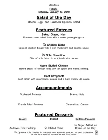 Dining menu of Hillside, Assisted Living, Nursing Home, Independent Living, CCRC, Mcminnville, OR 14