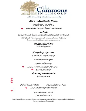 Dining menu of The Commons In Lincoln, Assisted Living, Nursing Home, Independent Living, CCRC, Lincoln, MA 1