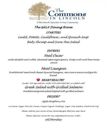 Dining menu of The Commons In Lincoln, Assisted Living, Nursing Home, Independent Living, CCRC, Lincoln, MA 2