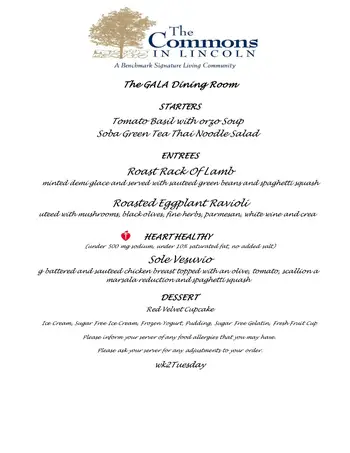 Dining menu of The Commons In Lincoln, Assisted Living, Nursing Home, Independent Living, CCRC, Lincoln, MA 3