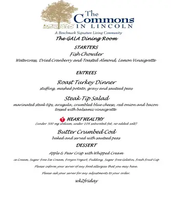 Dining menu of The Commons In Lincoln, Assisted Living, Nursing Home, Independent Living, CCRC, Lincoln, MA 6