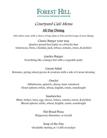 Dining menu of Forest Hill, Assisted Living, Nursing Home, Independent Living, CCRC, Pacific Grove, CA 1