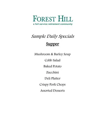 Dining menu of Forest Hill, Assisted Living, Nursing Home, Independent Living, CCRC, Pacific Grove, CA 4