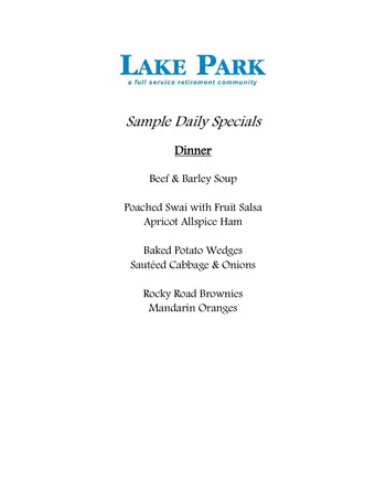 Dining menu of Lake Park Oakland, Assisted Living, Nursing Home, Independent Living, CCRC, Oakland, CA 2