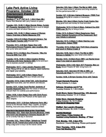 Activity Calendar of Lake Park Oakland, Assisted Living, Nursing Home, Independent Living, CCRC, Oakland, CA 2