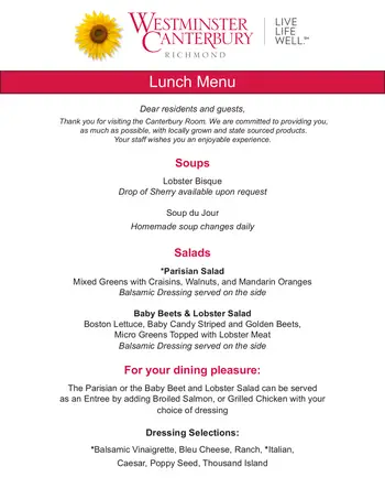 Dining menu of Westminster Canterbury Richmond, Assisted Living, Nursing Home, Independent Living, CCRC, Richmond, VA 1
