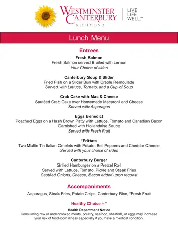 Dining menu of Westminster Canterbury Richmond, Assisted Living, Nursing Home, Independent Living, CCRC, Richmond, VA 2