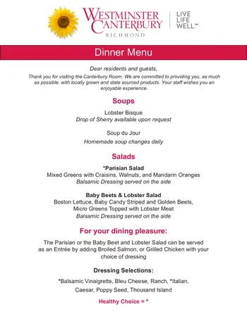 Dining menu of Westminster Canterbury Richmond, Assisted Living, Nursing Home, Independent Living, CCRC, Richmond, VA 3